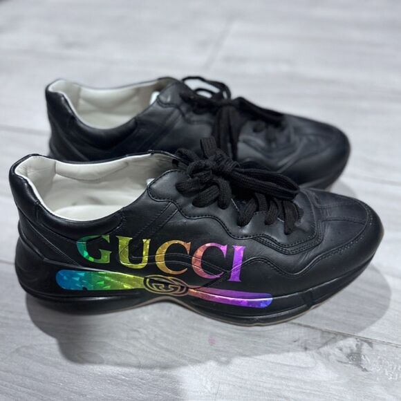 Gucci Other - Gucci Rhyton Rainbow Logo Sneakers Black Leather Size 10 – Rare